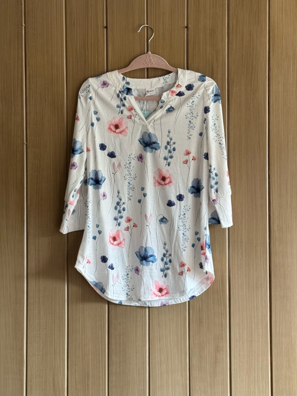 Amazon Cream Floral Henley Tunic with Blue & Pink Flowers